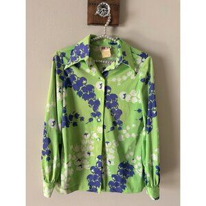 Vintage Kamehameha Womens Tag Size 10 Blouse Green Floral Long Sleeve 1960s